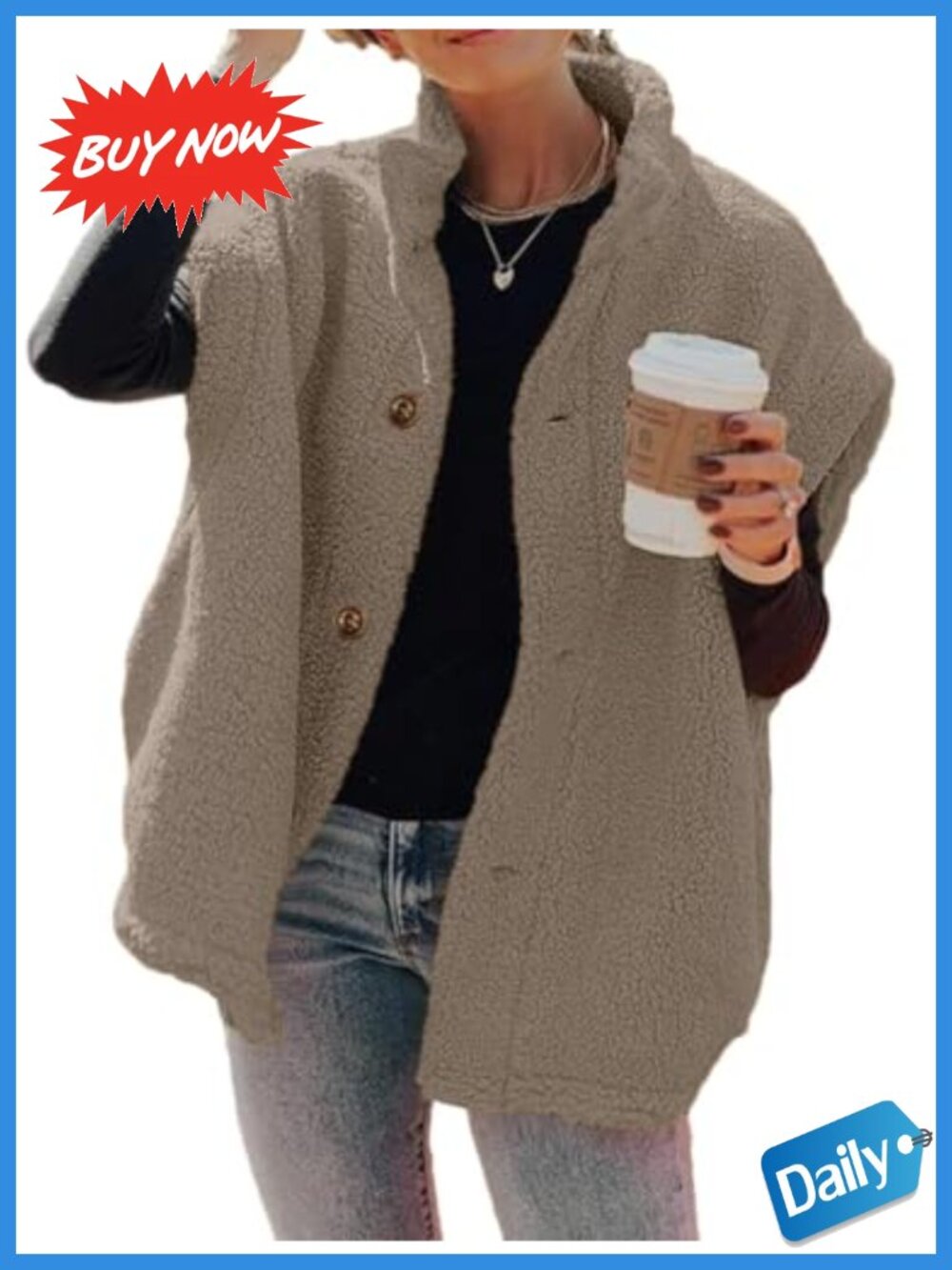 Fuzzy Fleece Sherpa Vest Sleeveless Button Thigh-Length Loose Fit Warm